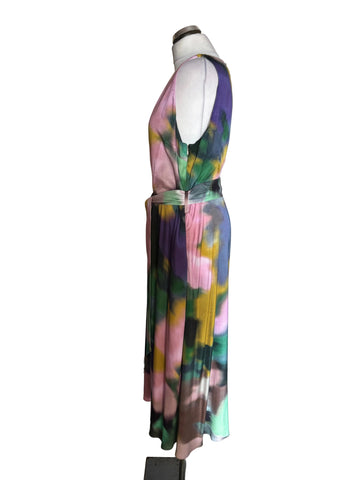 JAEGER MULTI COLOURED PRINT SLEEVELESS BELTED FIT & FLARE MIDI DRESS SIZE 14