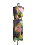 JAEGER MULTI COLOURED PRINT SLEEVELESS BELTED FIT & FLARE MIDI DRESS SIZE 14