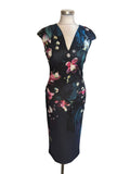 TED BAKER ANTONYA DARK BLUE FLORAL PRINT MIDI PENCIL DRESS SIZE 1 UK 8/10