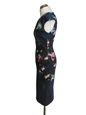 TED BAKER ANTONYA DARK BLUE FLORAL PRINT MIDI PENCIL DRESS SIZE 1 UK 8/10
