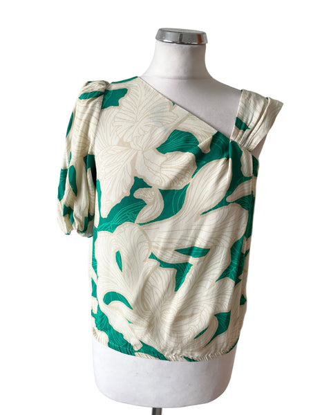 MINT VELVET CREAM & GREEN PRINT ONE SLEEVE TOP SIZE S