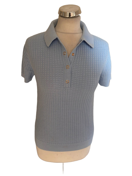 REISS BECCA LIGHT BLUE COLLARED SHORT SLEEVED KNIT TOP  SIZE S