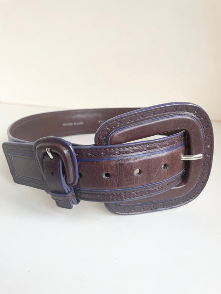 KAREN MILLEN DARK BROWN & PURPLE TRIM LEATHER BUCKLE BELT SIZE 2 UK 10/