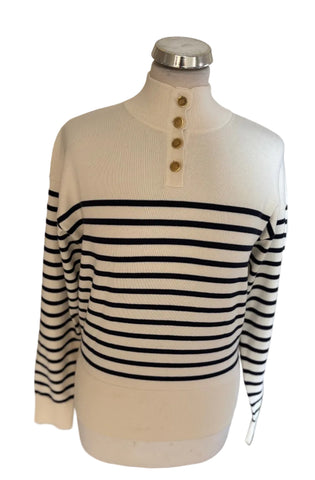 TOMMY HILFIGER WHITE & NAVY STRIPE HIGH NECK BUTTON TRIM JUMPER  SIZE XS