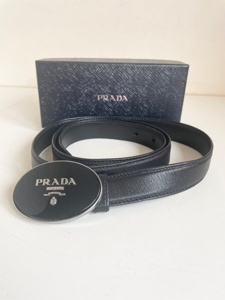 PRADA BLACK SAFFIANO LEATHER WITH BLACK & SILVER PLATE BELT SIZE 36/90 FIT UK M/L