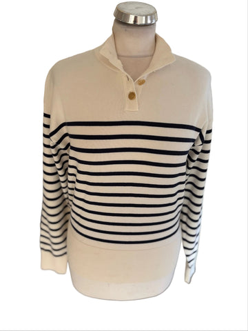 TOMMY HILFIGER WHITE & NAVY STRIPE HIGH NECK BUTTON TRIM JUMPER  SIZE XS