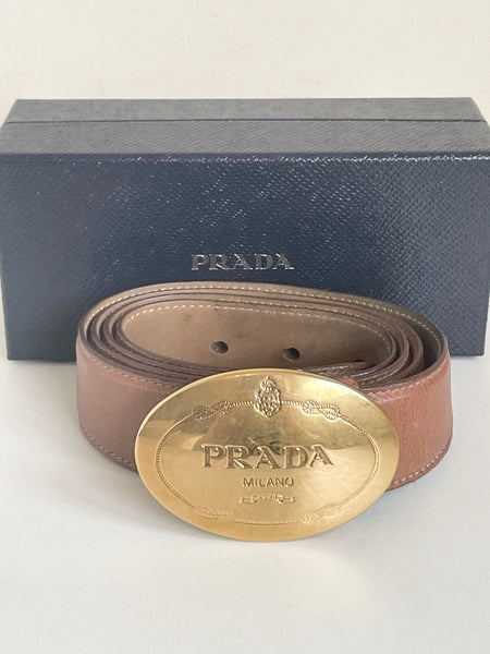 PRADA TAN SAFFIANO LEATHER WITH BRASS PLATE BELT SIZE 36/90 FIT UK M/L