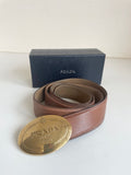 PRADA TAN SAFFIANO LEATHER WITH BRASS PLATE BELT SIZE 36/90 FIT UK M/L