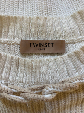 TWINSET MILANO COTTON WHITE RIB KNIT LONG SLEEVED JUMPER SIZE XS
