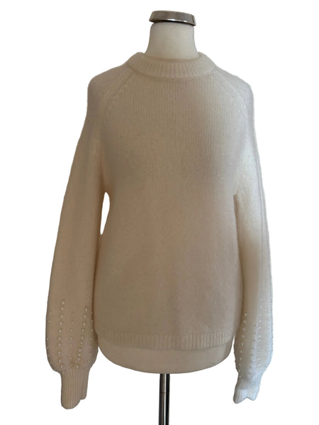 LA MAILLE SEZANE ECRU MOHAIR BLEND PEARL BEAD TRIMMED LONG SLEEVED JUMPER  SIZE XS