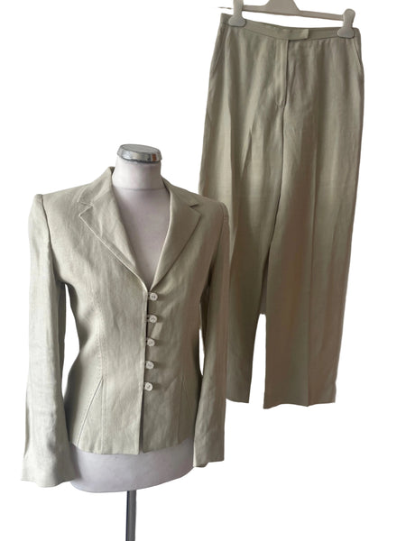 SP & CO 100% LINEN ECRU STRAIGHT LEG TROUSER SUIT SIZE S