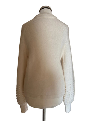 LA MAILLE SEZANE ECRU MOHAIR BLEND PEARL BEAD TRIMMED LONG SLEEVED JUMPER  SIZE XS