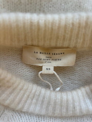 LA MAILLE SEZANE ECRU MOHAIR BLEND PEARL BEAD TRIMMED LONG SLEEVED JUMPER  SIZE XS
