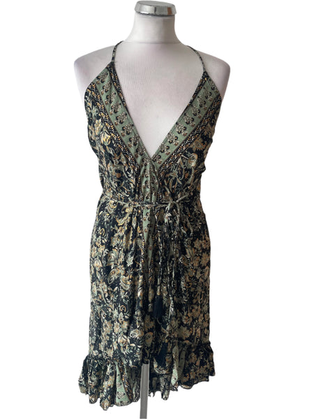 FREE LIMES SILK MIX BLACK ,GREEN & GOLD PRINT SHOESTRING STRAP DIPPED HEM DRESS ONE SIZE