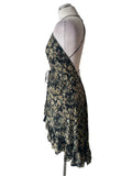 FREE LIMES SILK MIX BLACK ,GREEN & GOLD PRINT SHOESTRING STRAP DIPPED HEM DRESS ONE SIZE