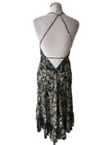 FREE LIMES SILK MIX BLACK ,GREEN & GOLD PRINT SHOESTRING STRAP DIPPED HEM DRESS ONE SIZE