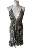 FREE LIMES SILK MIX BLACK ,GREEN & GOLD PRINT SHOESTRING STRAP DIPPED HEM DRESS ONE SIZE