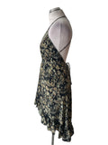 FREE LIMES SILK MIX BLACK ,GREEN & GOLD PRINT SHOESTRING STRAP DIPPED HEM DRESS ONE SIZE