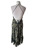 FREE LIMES SILK MIX BLACK ,GREEN & GOLD PRINT SHOESTRING STRAP DIPPED HEM DRESS ONE SIZE