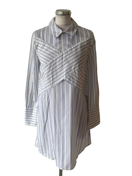 BCBGMAXAZRIA WHITE & BLUE STRIPED LONG SLEEVE COTTON SHIRT DRESS SIZE XXS