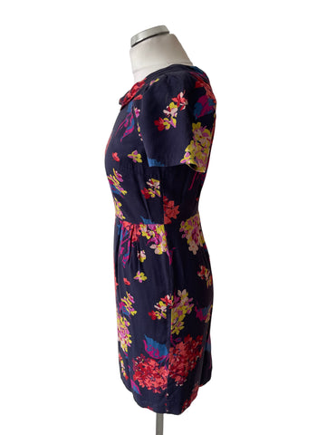 BODEN NAVY FLORAL PRINT SHORT SLEEVE SILK MIX DRESS  SIZE 8 PETITE