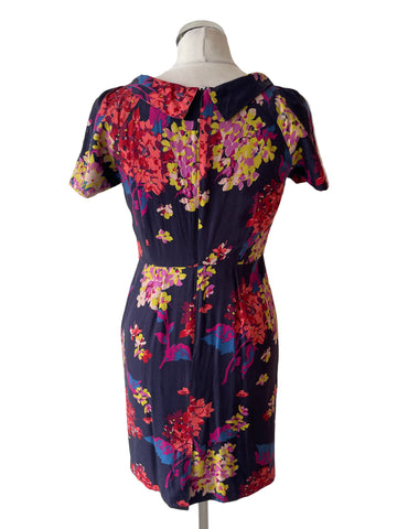 BODEN NAVY FLORAL PRINT SHORT SLEEVE SILK MIX DRESS  SIZE 8 PETITE