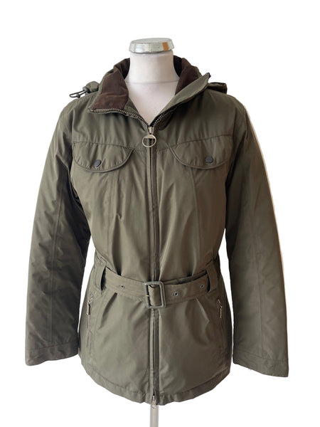 BARBOUR FEATHERWEIGHT WINTER GRACE KHAKI GREEN BELTED HOODED JACKET SIZE 12