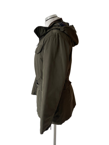 BARBOUR FEATHERWEIGHT WINTER GRACE KHAKI GREEN BELTED HOODED JACKET SIZE 12