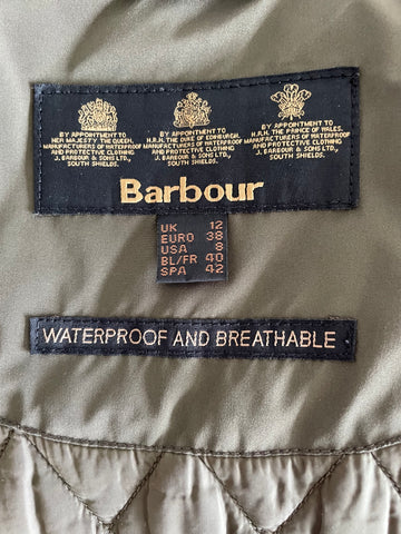 BARBOUR FEATHERWEIGHT WINTER GRACE KHAKI GREEN BELTED HOODED JACKET SIZE 12