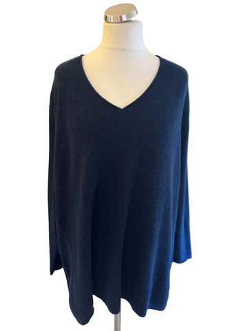 POETRY 100% CASHMERE NAVY BLUE V NECK OVERSIZE JUMPER  SIZE 22