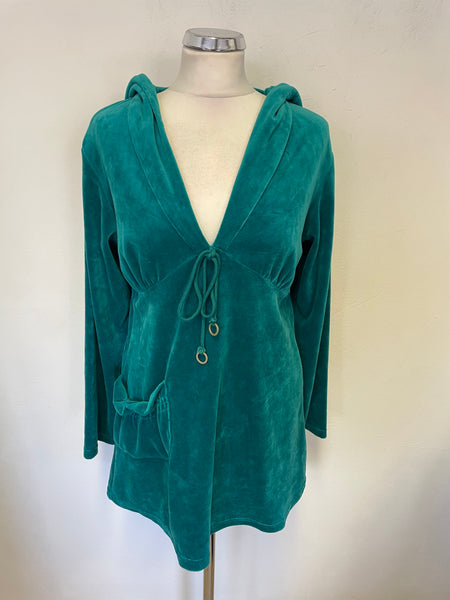 TED BAKER KINGFISHER GREEN HOODED VELOUR LONG SLEEVED TOP SIZE 3 UK 12/14