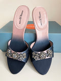 BRAND NEW KAREN MILLEN BLUE & PINK DIAMANTE TRIM SATIN HIGH HEEL MULES SIZE 4/37