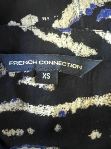 FRENCH CONNECTION NAVY,BLUE & WHITE PRINT 3/4 SLEEVED MAXI DRESS SIZE XS