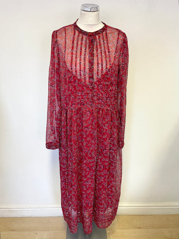 HUSH DARK RED FLORAL PRINT LONG SLEEVED MIDI DRESS SIZE 12