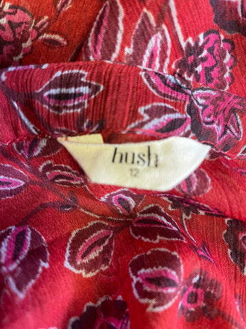 HUSH DARK RED FLORAL PRINT LONG SLEEVED MIDI DRESS SIZE 12