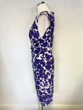 PHASE EIGHT PURPLE PRINT & WHITE STRETCH JERSEY PENCIL DRESS & PURPLE BOLERO SIZE 16