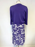 PHASE EIGHT PURPLE PRINT & WHITE STRETCH JERSEY PENCIL DRESS & PURPLE BOLERO SIZE 16