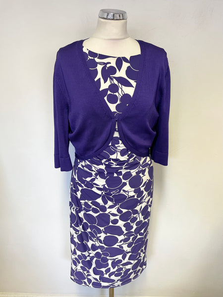 PHASE EIGHT PURPLE PRINT & WHITE STRETCH JERSEY PENCIL DRESS & PURPLE BOLERO SIZE 16
