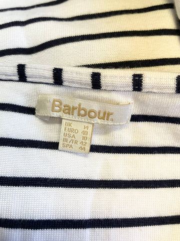 BARBOUR DALMORE WHITE & NAVY BLUE STRIPE SLEEVELESS SHIFT DRESS SIZE 14