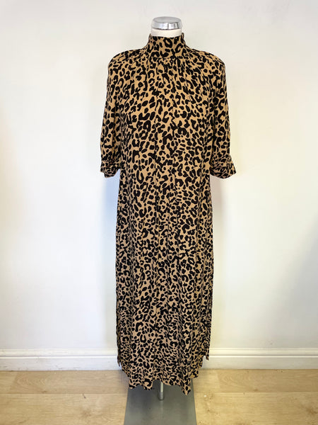MARKS & SPENCER CAMEL & BLACK LEOPARD PRINT SHORT SLEEVED MIDI DRESS SIZE 12