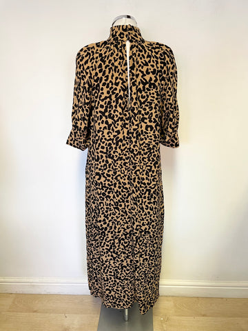 MARKS & SPENCER CAMEL & BLACK LEOPARD PRINT SHORT SLEEVED MIDI DRESS SIZE 12