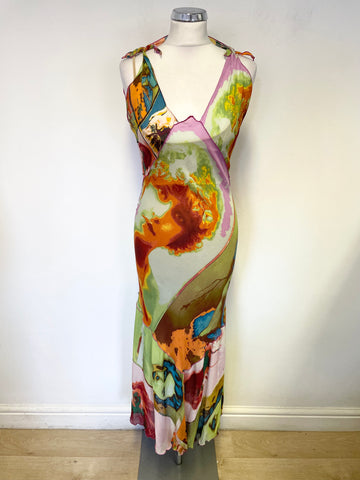 JEAN PAUL GAULTIER 100% SILK MULTICOLOURED PORTRAIT PRINT BIAS CUT MIDI DRESS SIZE 12