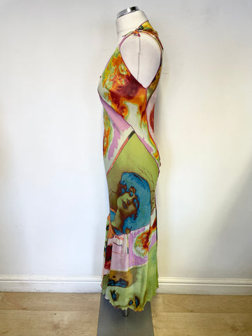 JEAN PAUL GAULTIER 100% SILK MULTICOLOURED PORTRAIT PRINT BIAS CUT MIDI DRESS SIZE 12