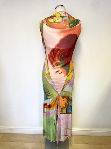 JEAN PAUL GAULTIER 100% SILK MULTICOLOURED PORTRAIT PRINT BIAS CUT MIDI DRESS SIZE 12