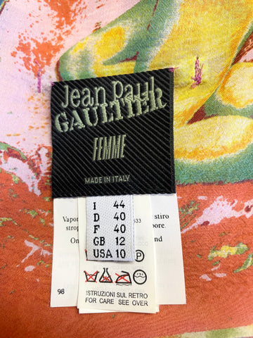 JEAN PAUL GAULTIER 100% SILK MULTICOLOURED PORTRAIT PRINT BIAS CUT MIDI DRESS SIZE 12