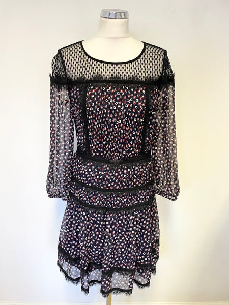 DENISE VON FURSTENBERG NAVY BLUE,BLACK RED & WHITE SPOT LACE TRIMMED DRESS SIZE 6 UK 10
