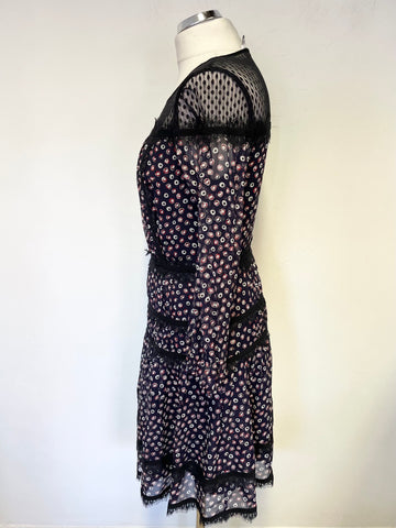 DENISE VON FURSTENBERG NAVY BLUE,BLACK RED & WHITE SPOT LACE TRIMMED DRESS SIZE 6 UK 10