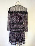 DENISE VON FURSTENBERG NAVY BLUE,BLACK RED & WHITE SPOT LACE TRIMMED DRESS SIZE 6 UK 10