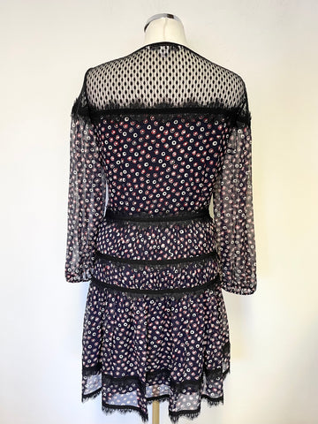 DENISE VON FURSTENBERG NAVY BLUE,BLACK RED & WHITE SPOT LACE TRIMMED DRESS SIZE 6 UK 10