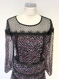 DENISE VON FURSTENBERG NAVY BLUE,BLACK RED & WHITE SPOT LACE TRIMMED DRESS SIZE 6 UK 10